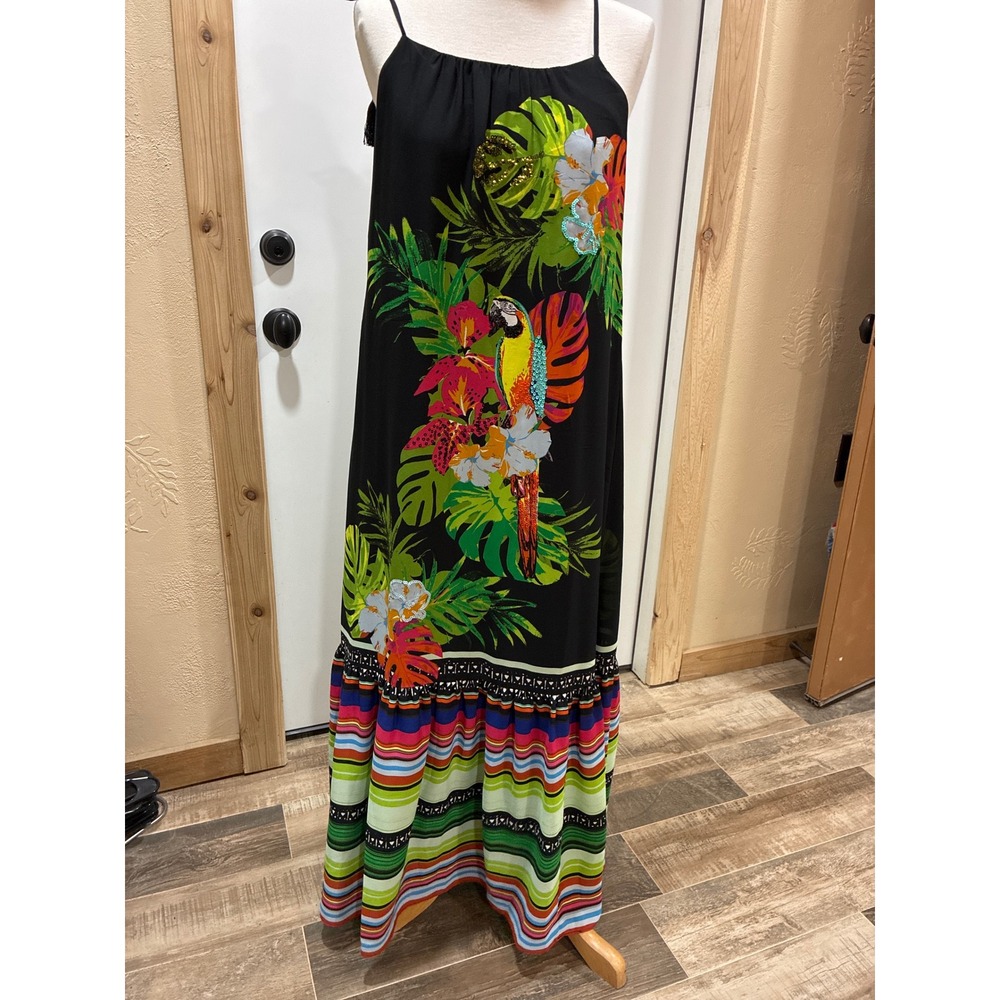 Maxi INC Tropical Parrot Floral Dress Black Vacation XS